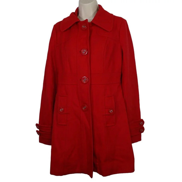 Tulle Jackets & Blazers - Tulle Red Wool Blend Peacoat Trench Coat Women Size S Button Closure FLAWS